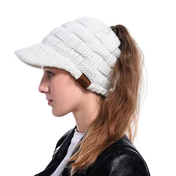 

Women's Ribbed Knit Beanie Tail Warm Knit Messy High Bun Ponytail Visor Beanie Cap