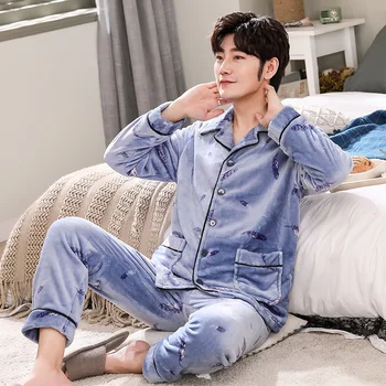

Winter Men's Sleep Lounge 2020 Flannel Warm Pajamas Set Casual Long Sleeve Trousers Homewear Suit Christmas Sleepwear Tracksuit