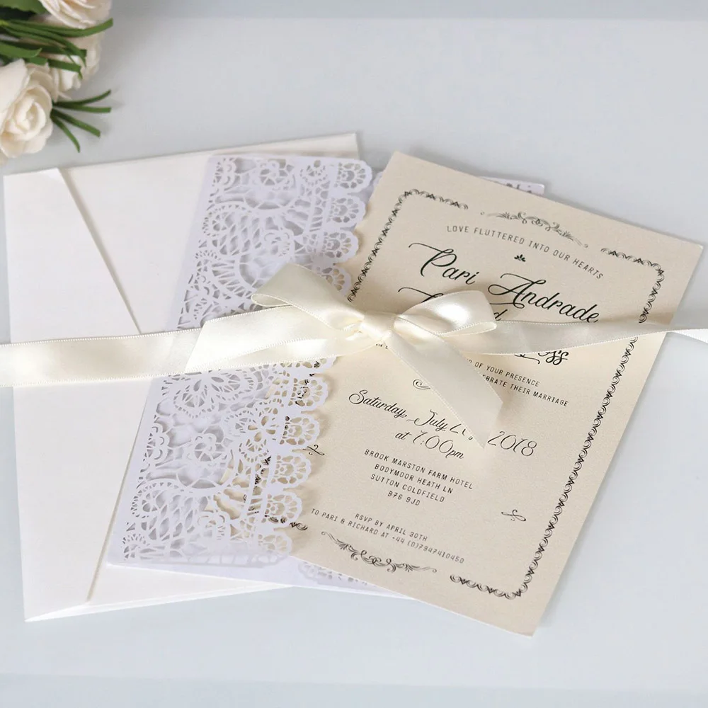  10pcs Wedding Invitation Laser Cutout Color Shell Bow Ribbon Tri-fold Wedding Party Thanksgiving Ho - 4.00027E+12