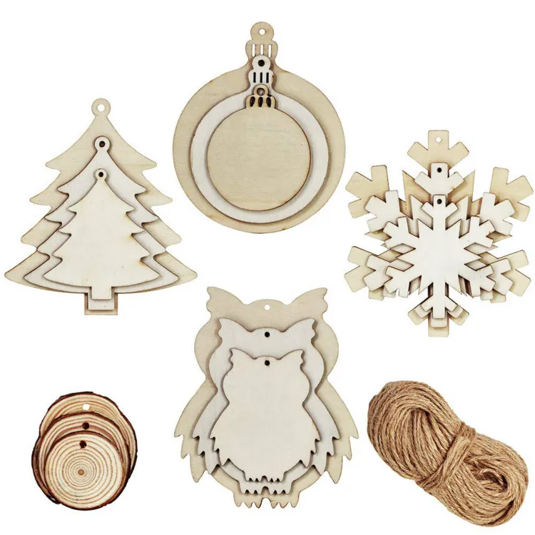 

42 Pcs 3 Size Christmas Wood Slices Blank Wooden Bauble Tree Owl Snowflake Cutouts and Natural Wood Circles Slice Ornaments with