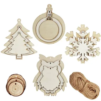 

42 Pcs 3 Size Christmas Wood Slices Blank Wooden Bauble Tree Owl Snowflake Cutouts and Natural Wood Circles Slice Ornaments with