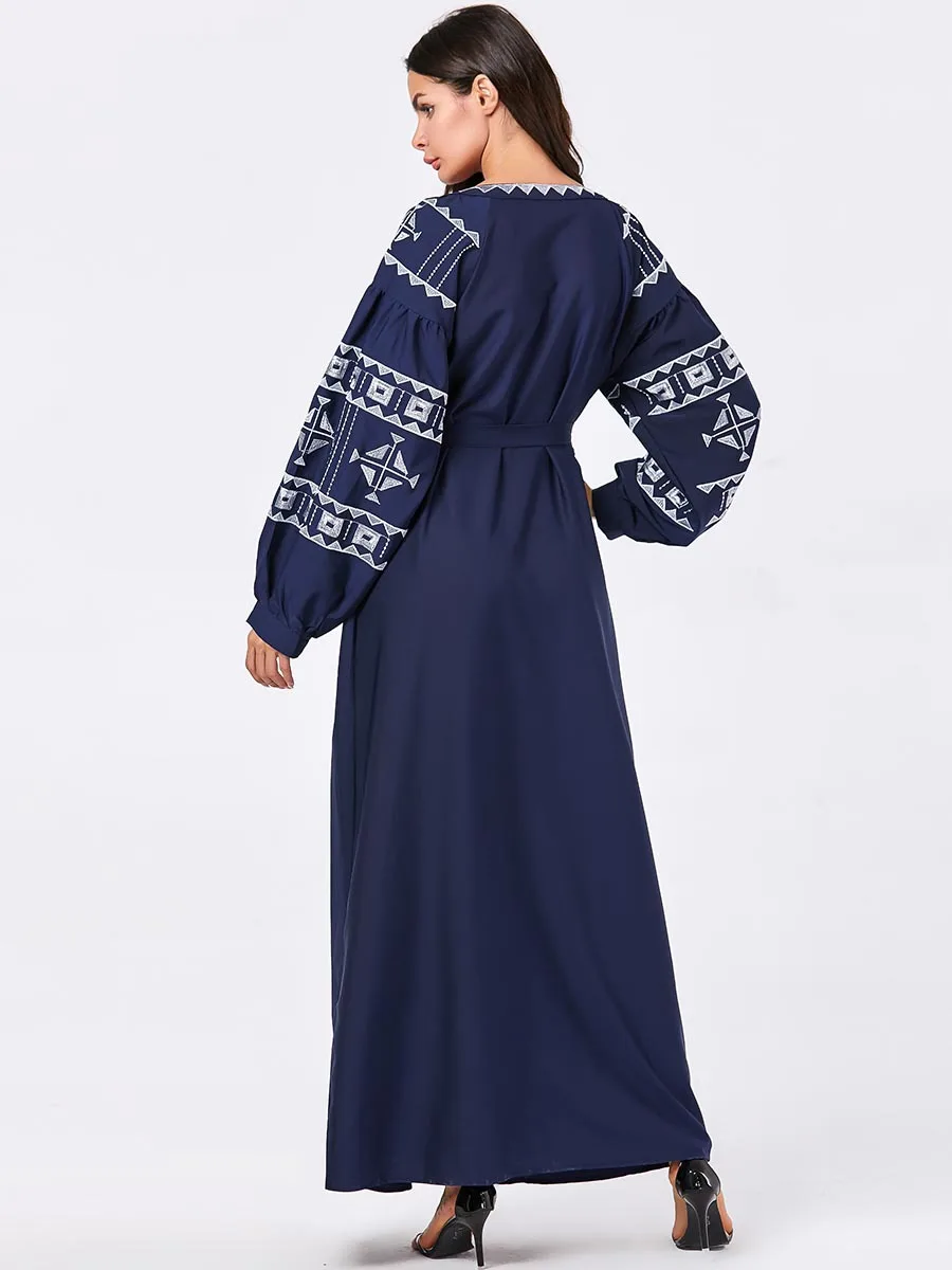 Siskakia, женское длинное платье размера плюс, этнические макси платья с геометрической вышивкой, мусульманские Арабские халаты с рукавом Бишоп, 4XL, осень