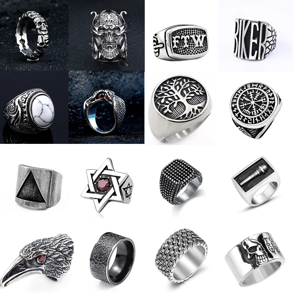 Retro Mens Rings 316L Stainless Steel For Male Boyfriend Biker Jewelry Golden Blue CZ Crystal Stones Skull Eagle Ring 2021 New