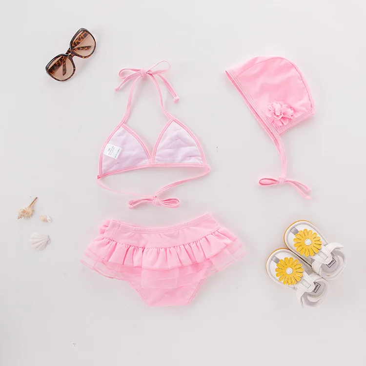 

Girls' Two-piece Swimsuit Pink Stereo Floral-Print with Hat-KID'S Swimwear Hot Springs Clothing