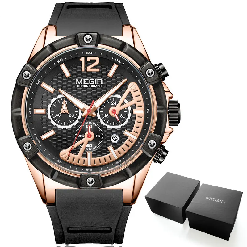 MN2083G-Rose-Black MEGIR, Мужские Спортивные кварцевые наручные часы с хронографом, армейские, силиконовые, водонепроницаемые, секундомер, Relojios Masculinos, мужские ClockMN2083-2N0 - Цвет: MN2083G-Rose-Black