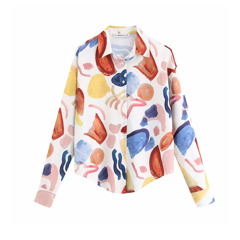 

-Style Two-Piece Set Casual Graffiti Long Sleeve Front Buckle Slimming Tops Loose-Fit High-waisted Wide-Leg Trousers Casual Pant