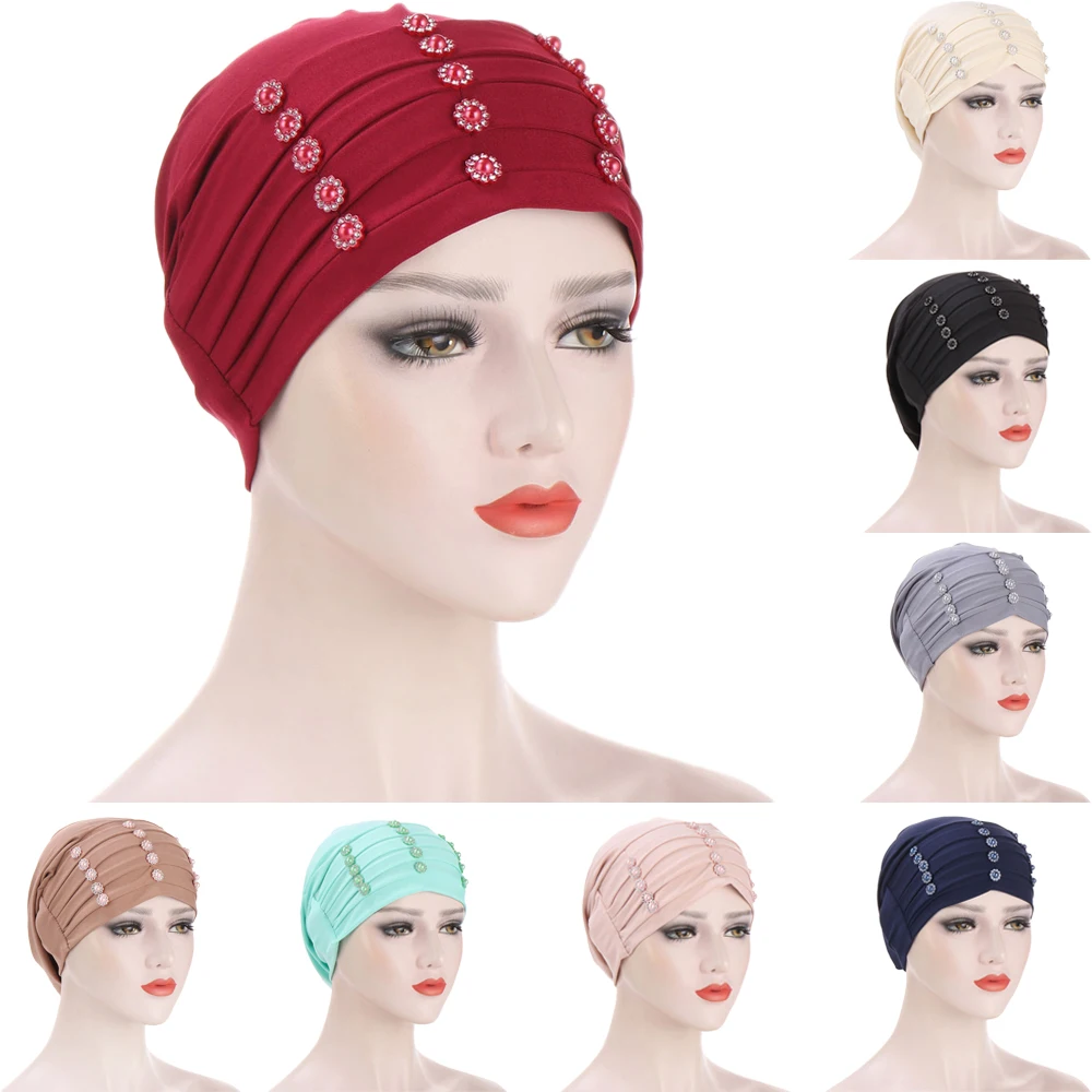Muslim Women Hijab Inner Cap Flower Beads Turban Pleated Under Scarf Beanie Bonnet Hair Loss Cover Islamic Hijabs Headwear Wrap |