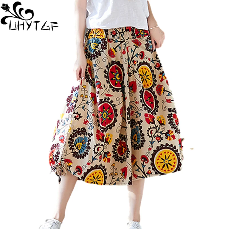 

Брюки UHYTGF женские свободного размера, модные хлопково-льняные штаны с принтом в винтажном стиле, с широкими штанинами, шаровары с эластичной талией, 2022, лето 1622