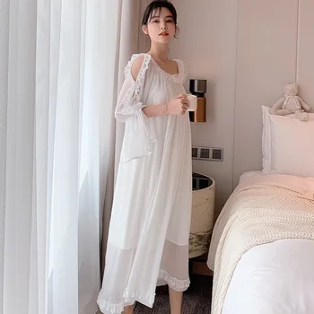 

Spring And Summer Retro Mesh Sling Casual Sleepwear Sexy Round Neck Long Sleeve Lace Edge Thin Section Home Service Nightdress