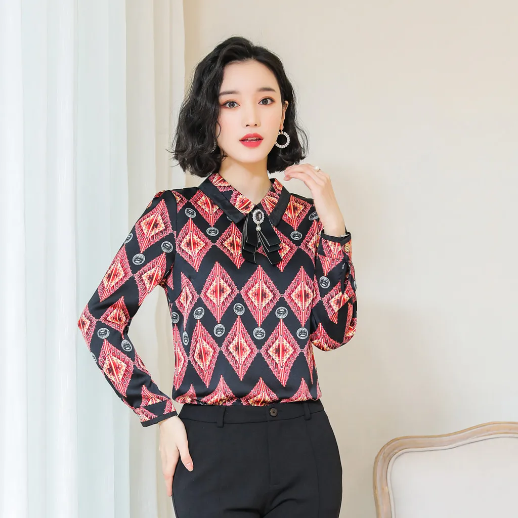 Poleras mujer de moda camiseta mujer футболка Женская Офисная рубашка с отложным воротником Женская шифоновая рубашка с принтом и длинным рукавом