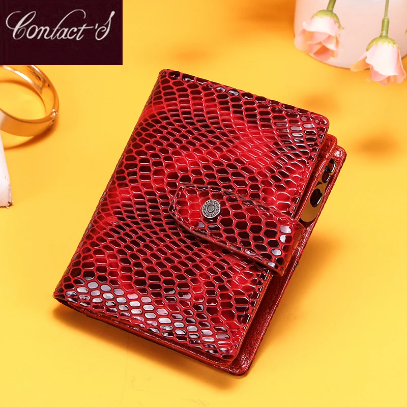 

Contact's Small Women Wallet Genuine Leather Female Wallet Red Luxury Short Ladies Money Coin Purse Portfel Rfid Card Holder