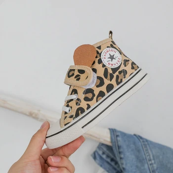 

KushyShoo Korean Leopard Pattern High-top Children Shoes 2020 Spring Velcro Breathable Boys Canvas Shoes Kids Sneakers for Girls