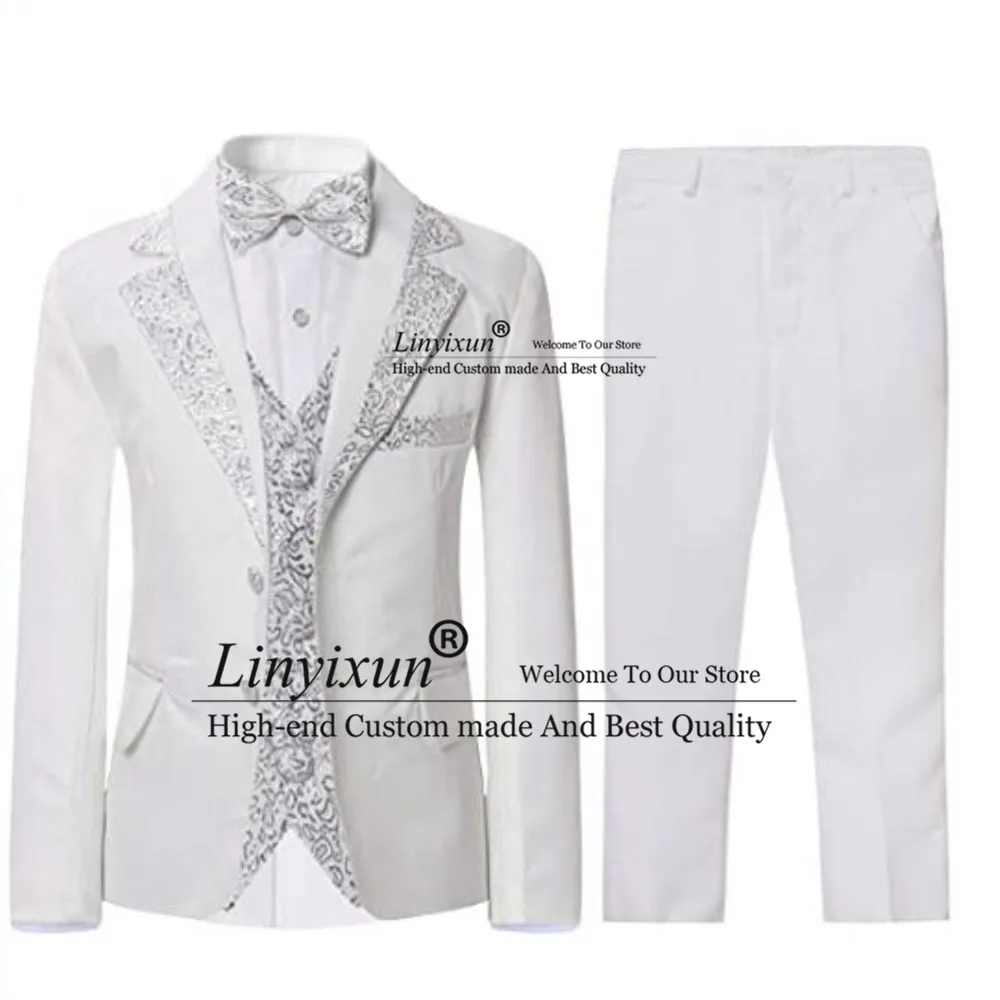 Slim Fit Boys Suits 3 Pieces Blazer Vest Pants Bowtie Jacket with Gold Rims for Wedding Party Prom Tuxedos Costumes Hommes 4