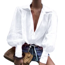 ^^Best Offers Women's Spring And Autumn Lantern Sleeve Shirt Long Sleeve Button Low V-neck Loose Style Solid Color Casual Shirt ^^Best Offers Women's Spring And Autumn Lantern Sleeve Shirt Long Sleeve Button Low V-neck Loose Style Solid Color Casual Shirt