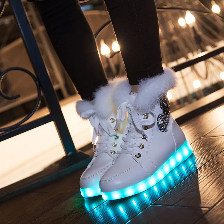 Size26-36 Boots LED Lights Colorful Glowing Sports Shoes Girls Warm Furry Rabbit Fur Winter Boots for Toddler Girl Usb Charging