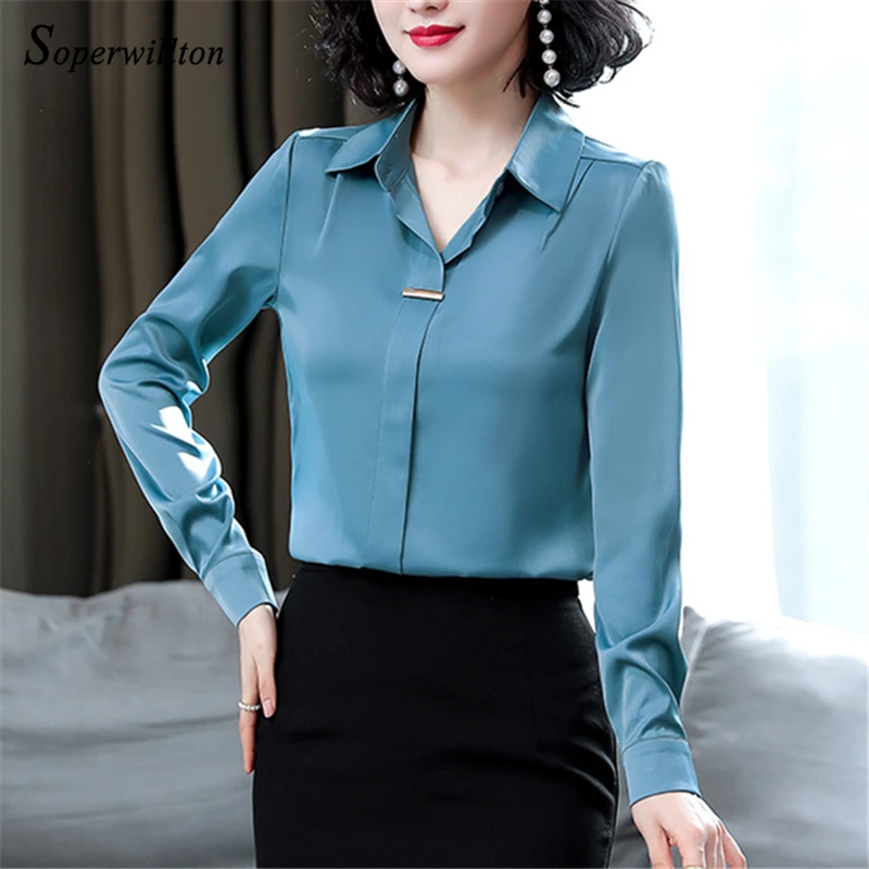 Blus Satin sutra elegan untuk wanita, kemeja lengan panjang