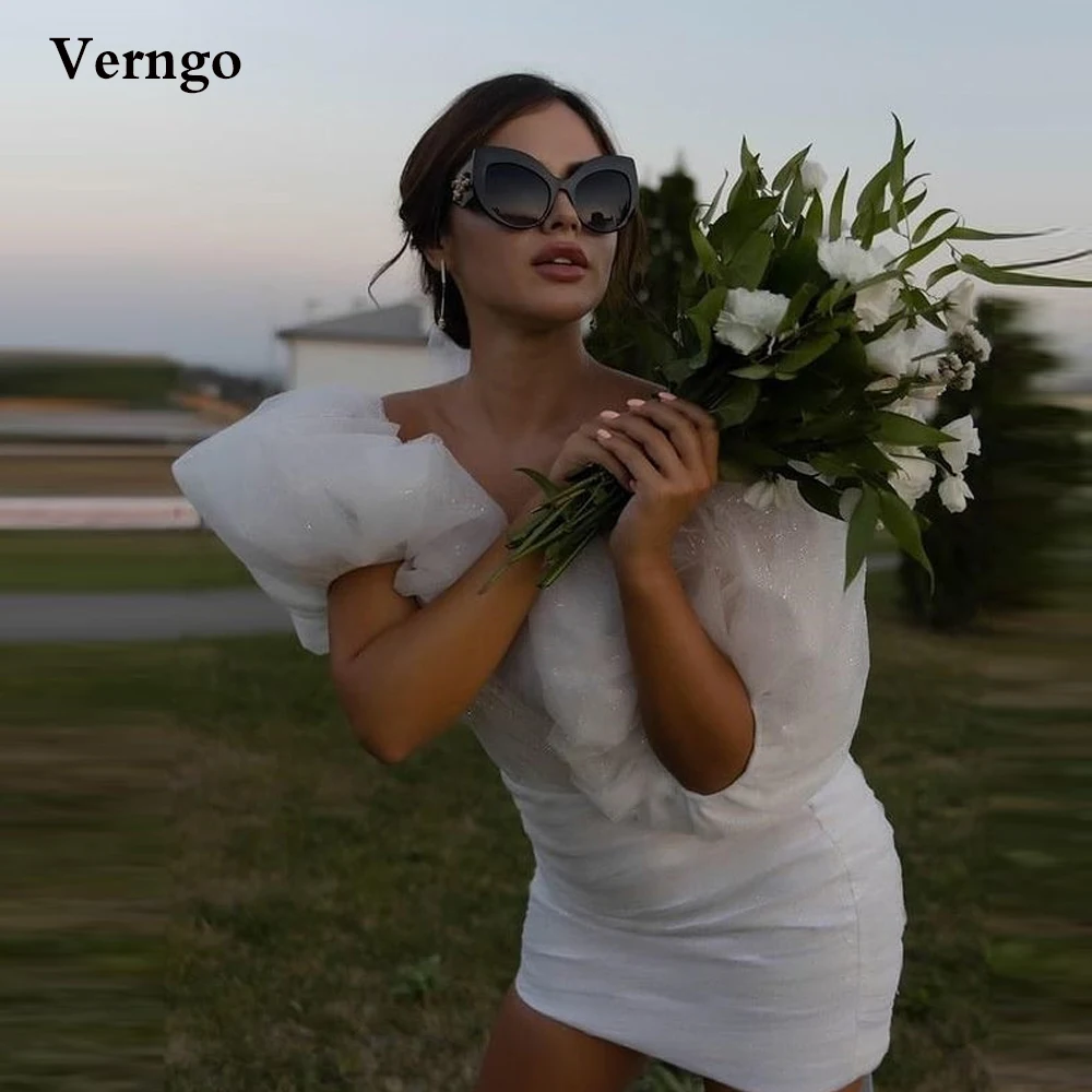 

Verngo 2021 блестящее Короткое свадебное платье-футляр с пышными рукавами сердечком садовое уличное платье для невесты в гражданском стиле вечернее платье