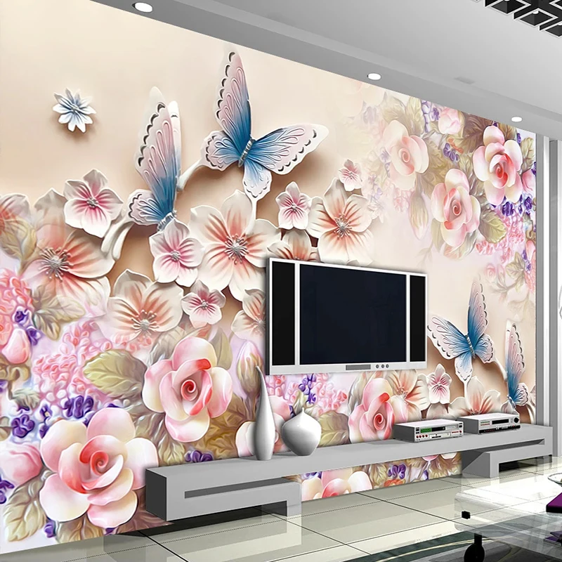 

Drop Shipping Custom Mural 3D Stereoscopic Flower Butterfly Non-woven Embossed Wallpaper Murals TV Background Wall Decoration