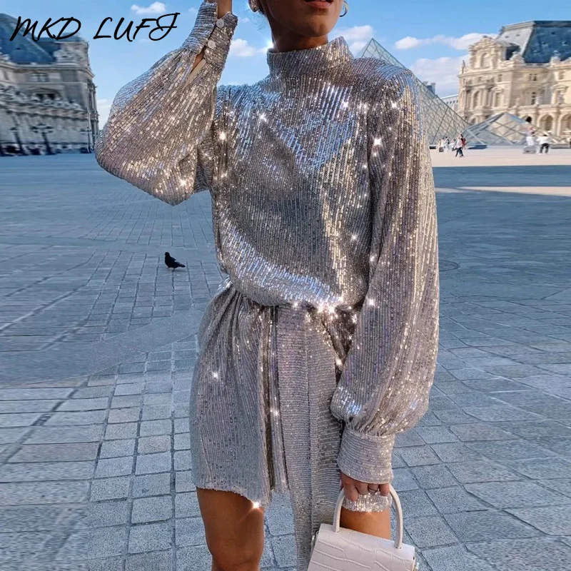 Elegant Mock Neck Glitter Sequins Mini Party Dress Women Lantern Long Sleeve Night Club Dresses Vestidos De Fiesta |