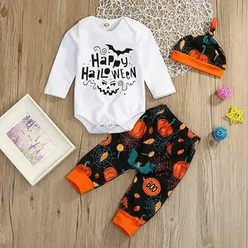 

Lovely My 1st Halloween Costume Newborn Baby Girl Boy Pumpkin Romper Tops Pants Hat Outfits Set