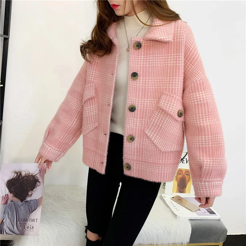 autumn pink sweet Women's Plaid Blend Coat Fashion Korean shirt coat