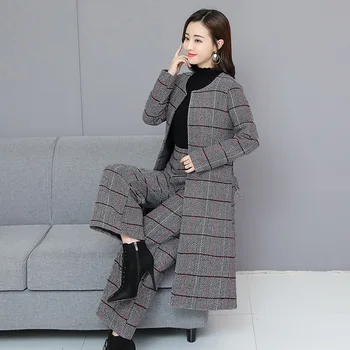 

Two Piece Set Autumn Winter Office Lady Pant Suits Womens Casual Plaid Sashes Outfits Long Coat and Wide Leg knee length Trouser