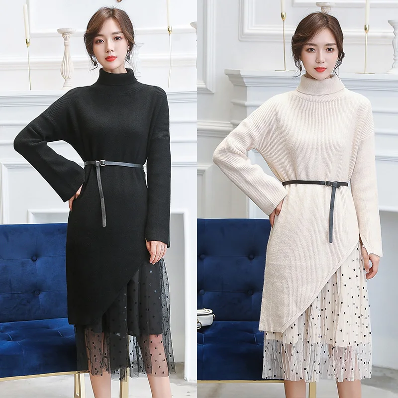 Korean Autumn Sweater Dress Women Winter Woman Knitted Dresses Women Turtleneck Sweaters Dress Plus Size Polka Dot Tulle Dresses