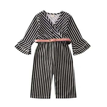 

2pcs Toddler Baby Girl Striped Rompers 1-6Y Flare Sleeve V-Neck Jumpsuit Pants+Belt Outfits Clothes