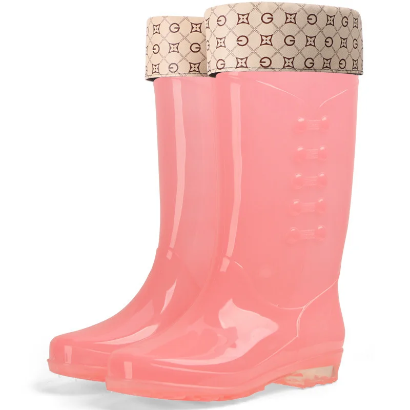 Pink Plus Cotton Женские резиновые сапоги из пвх; водонепроницаемая обувь; резиновые сапоги; нескользящие теплые женские резиновые сапоги до колена - Цвет: Pink Plus Cotton