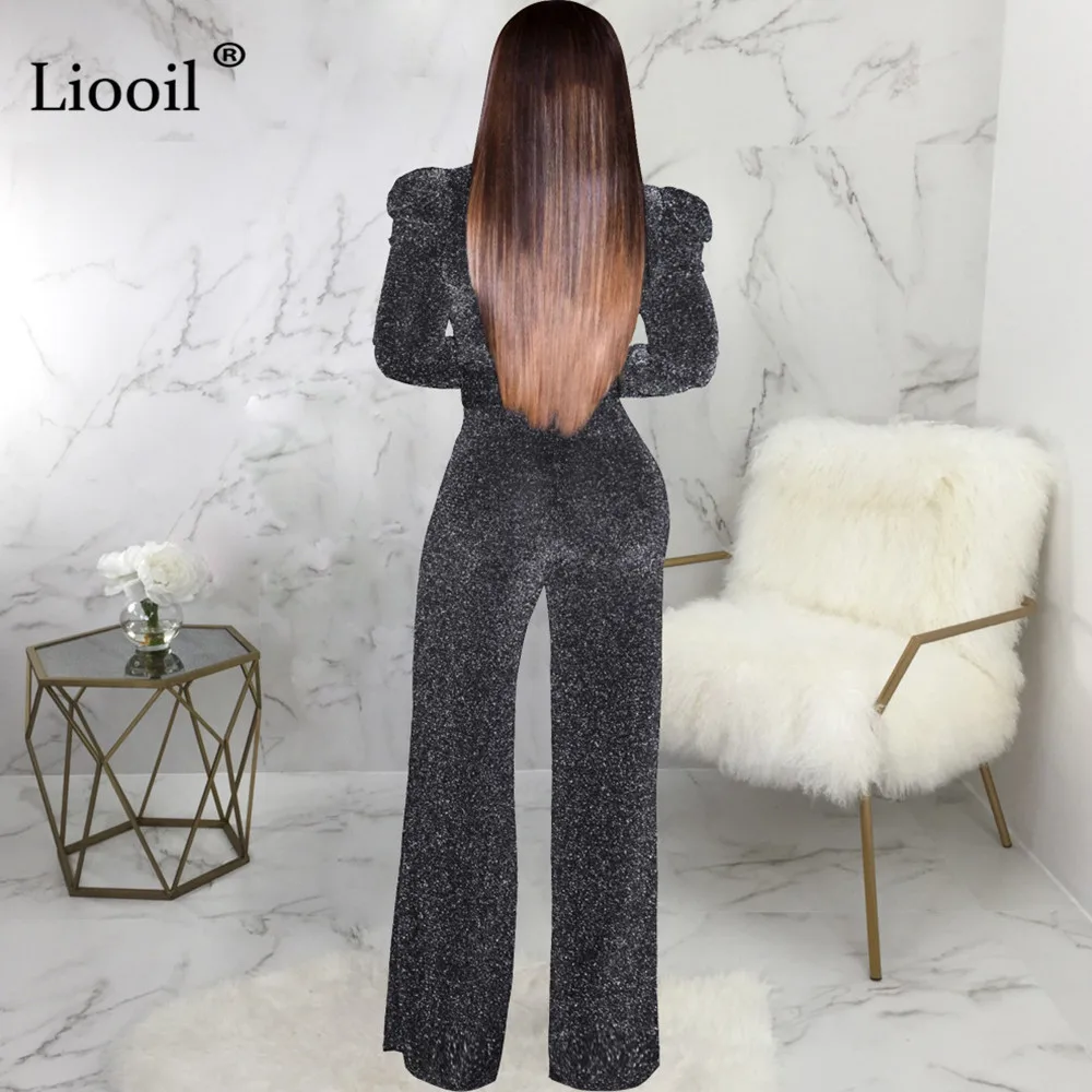 Liooil, золотой сексуальный обтягивающий комбинезон для женщин,, длинный рукав, v-образный вырез, бодикон, вечерние комбинезоны для клуба, женский комбинезон, черный комбинезон
