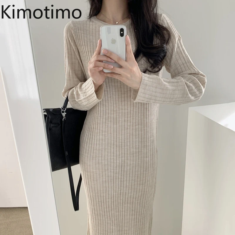 Однотонное вязаное платье Kimotimo женские нежные простые облегающие длинные платья