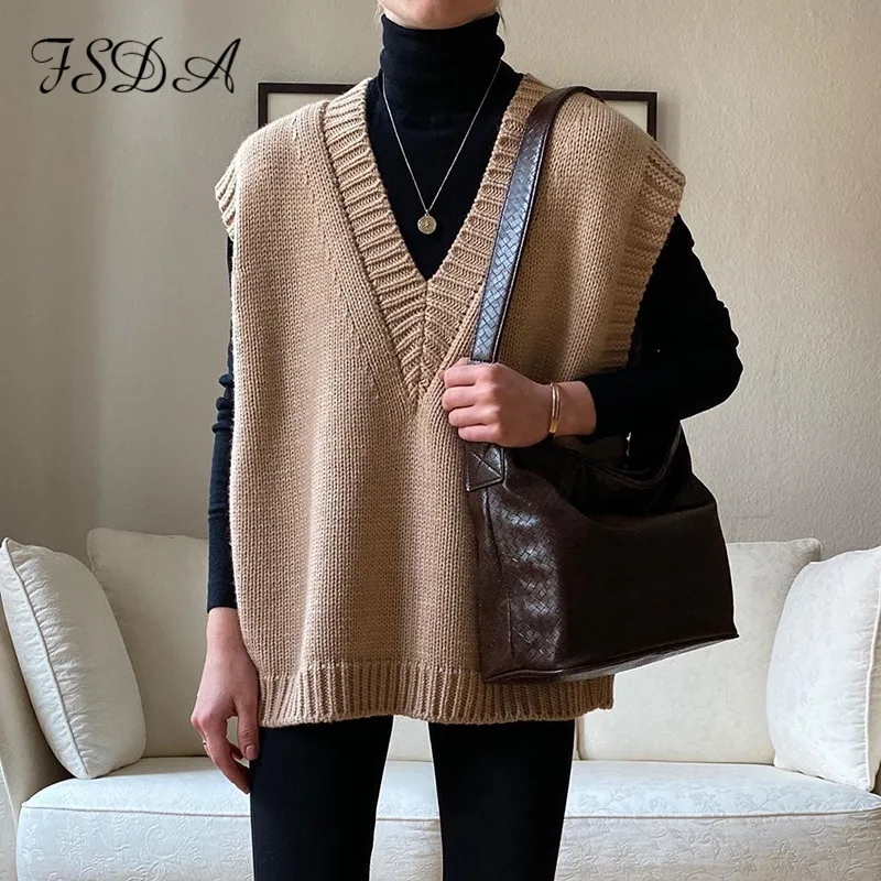 FSDA-suéter tejido tipo Chaleco con escote en V para mujer, Jersey informal de color caqui sin mangas, Jersey gris para otoño e invierno, 2020