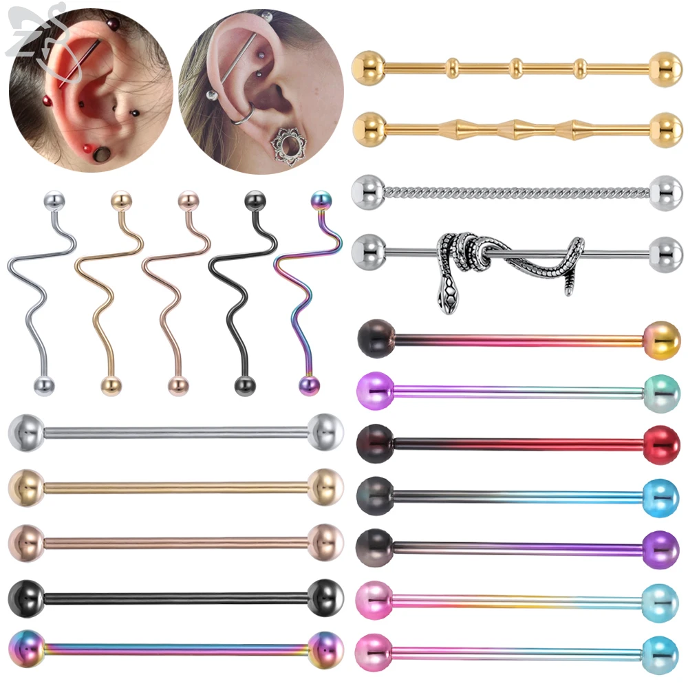 ZS 1 PC Colorful Stainless Steel Long Industrial Barbell Ring For Women Men 14g Snake Ear Tragus Helix Ear Piercing Body Jewelry