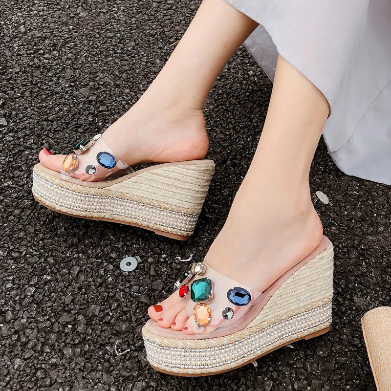 Цвет стразы Тапочки Для женщин каблуки; Espadrilles; женские летние туфли на платформе Дамская мода шлепанцы без задника с открытыми пальцами на высоком каблуке, под платье сандалии