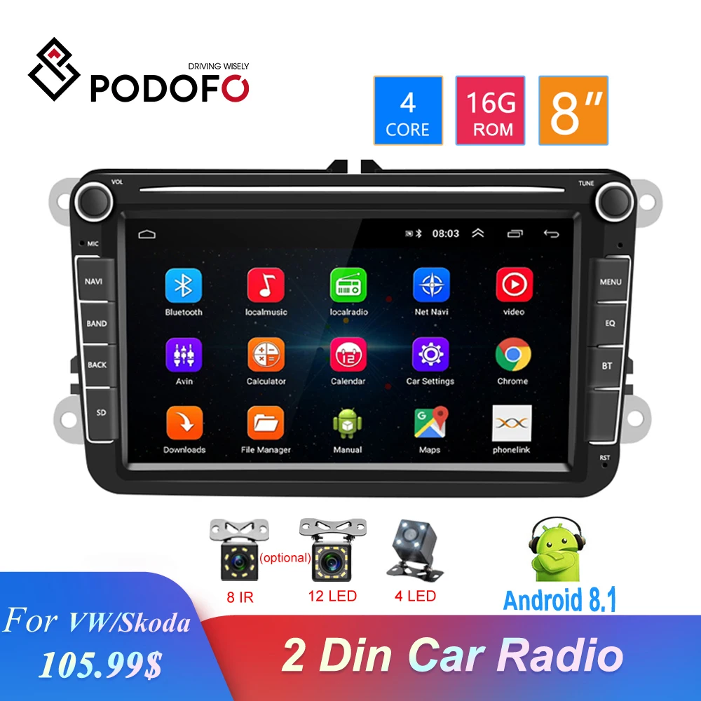 Podofo 8 ''Android GPS 2 Din автомобильное радио Bluetooth Авто стерео Мультимедийный Плеер