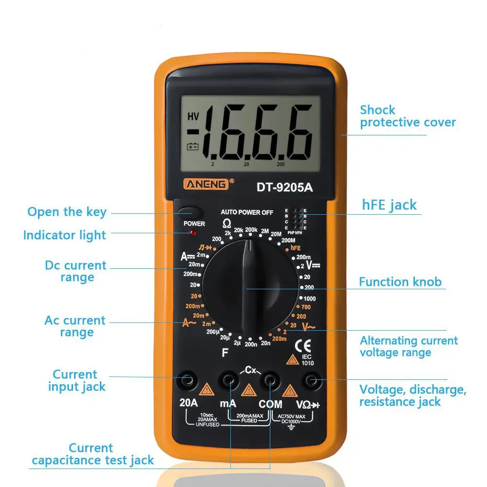Litake цифровой DT-9205A мультиметр ЖК-дисплей AC/DC Амперметр Сопротивление Емкость Тестер