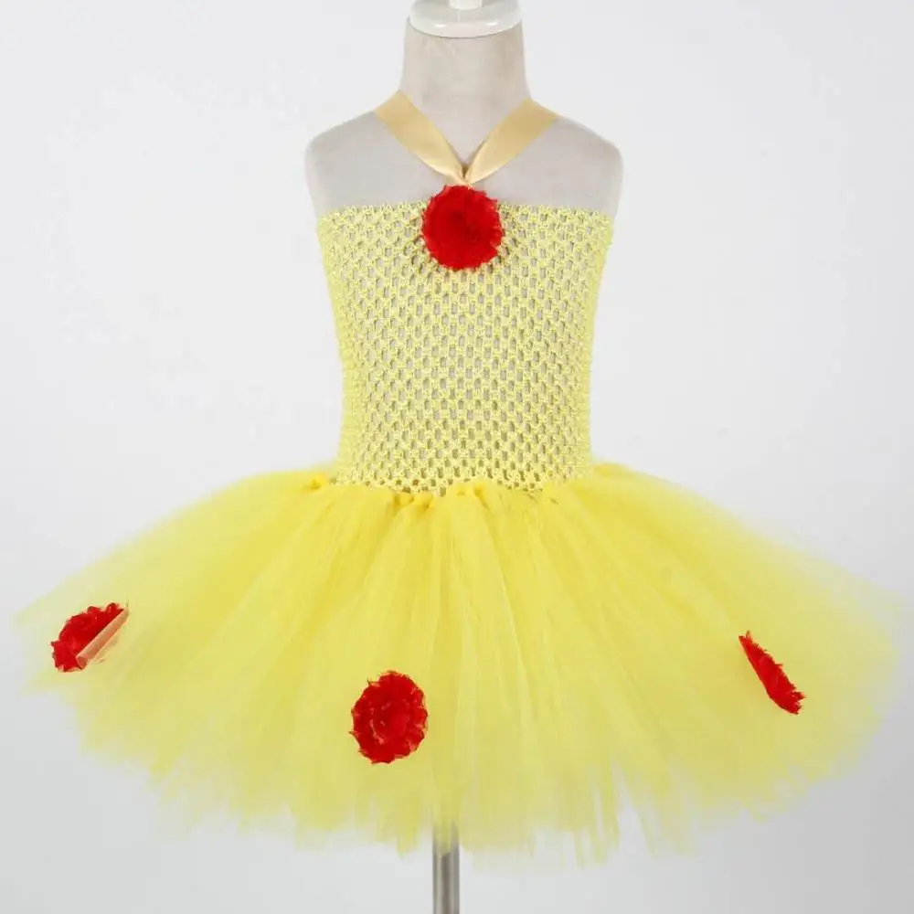 

Ins children's Tutu Dress Halloween cos beauty and Beast BELLE PRINCESS DRESS red chiffon flower embellishment