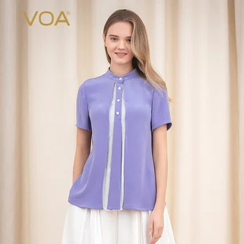 

VOA Heavy Silk Taro Purple Mosaic White Half-open Neck Buckle Short Sleeve Back Folded A-Type Loose T-Shirt B9052
