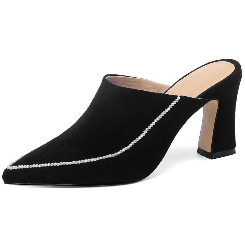 

Genuine Leather Women Sandals Block Heels Summer Shoes Pointed Toe High Heels #Y0310567F