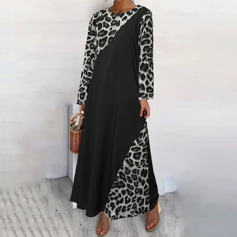 Celmia Dress Fashion Kaftan Patchwork Leopard Maxi Long Dress Women Vintage Dress Long Sleeve Casual Loose Vestidos Party Robe