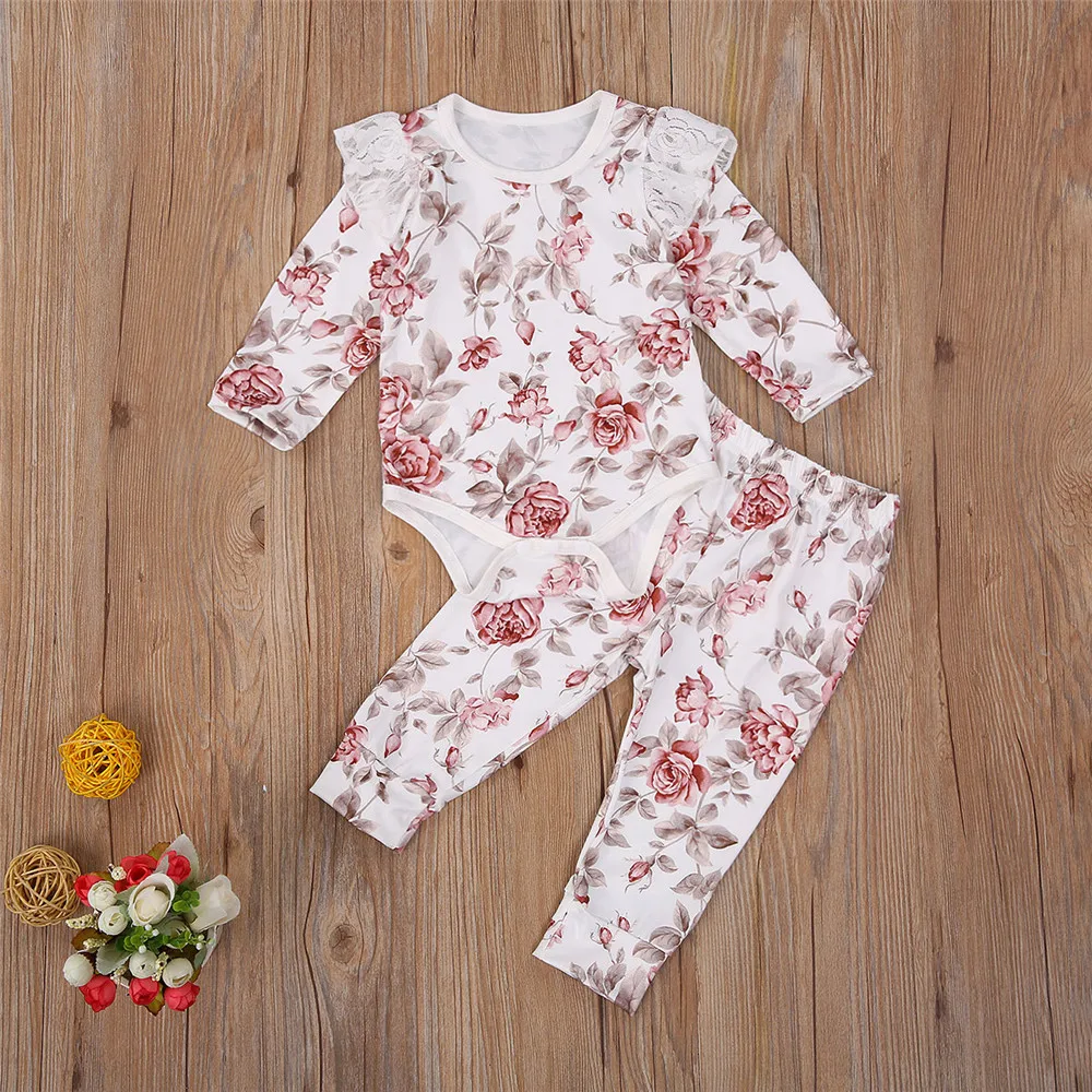 

2020 Autumn 2 Pcs Baby Girl's Casual Outfits Suit Round Neck Fly Long Sleeve Romper Floral Printed Cotton Loose Trousers 0-24M