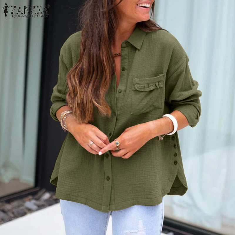 ZANZEA blusas de trabajo de talla grande mujer, Tops elegantes de estilo Vintage, de Color sólido, con solapa, camisas bohemias para Otoño e Invierno|Camisa| - AliExpress