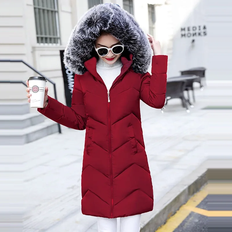 Большой меховой зимний пуховик хлопковая куртка зимняя куртка женская толстая зимняя одежда зимнее пальто Женская одежда Женская куртка парки - Цвет: Red wine