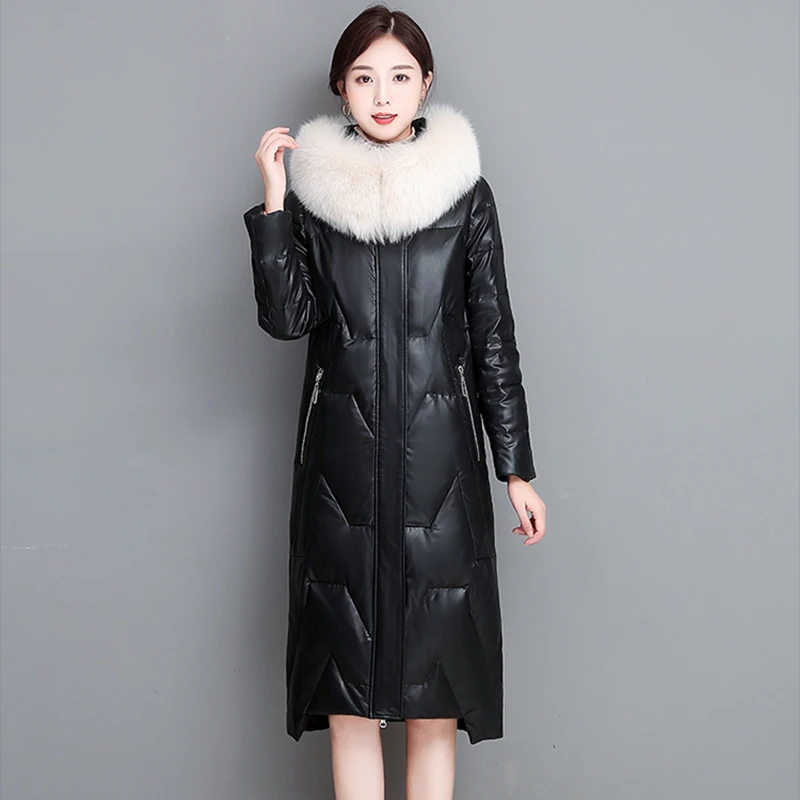 New Women Leather Down Coat Winter Fashion Real Fox Fur Collar Hooded Loose Sheepskin Overcoat Thick Warm Long Outerwear Female zqlz winter coat women 2020 new embroidery casual hooded fur collar loose long parka mujer thick warm overcoat fashion jacket