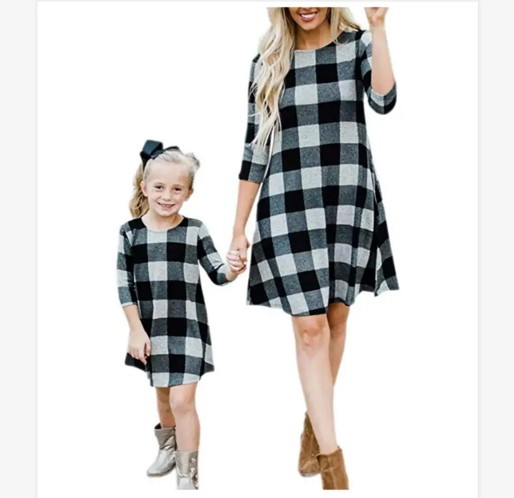 Новые платья с рукавами «Семь» для мамы и дочки, одежда в клетку, одинаковые комплекты для семьи, платье, платья для мамы, женская одежда для детей - Цвет: Серый