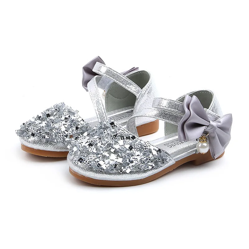 Menoea/Лидер продаж; детская обувь высокого качества; детская обувь; босоножки из искусственной кожи с бантом и блестками; элегантные тонкие туфли для девочек; вечерние туфли на плоской подошве - Цвет: AN070 silver