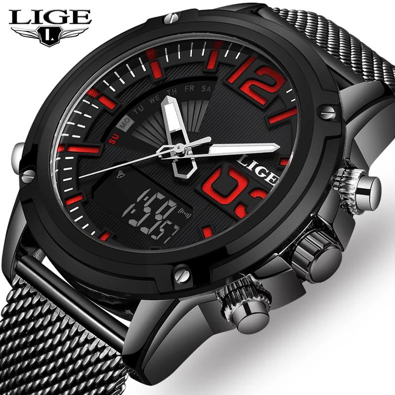 

LIGE Analog Digital Men Watches Top Luxury Brand Stainless Steel Sport Watches Men Fashion Waterproof Wrist Watch Male 2019+Box
