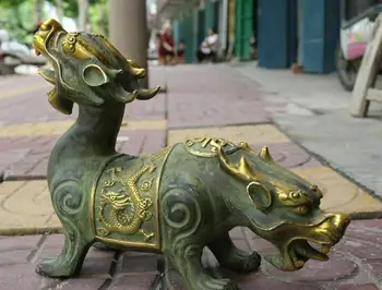 

11" Old Bronze Gilt Fengshui Double Head Dragon Pixiu Brave troops Beast Statue