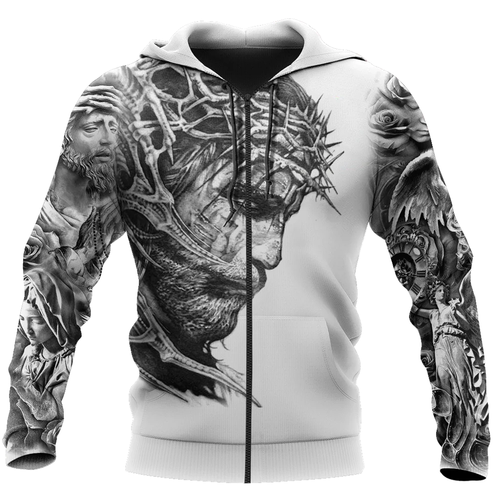 Brand Fashion Hoodie Jesus Tattoo 3D Printed Mens Zip Up Hoodie Harajuku Streetwear Unisex Casual Jacket Tracksuits KJ0155