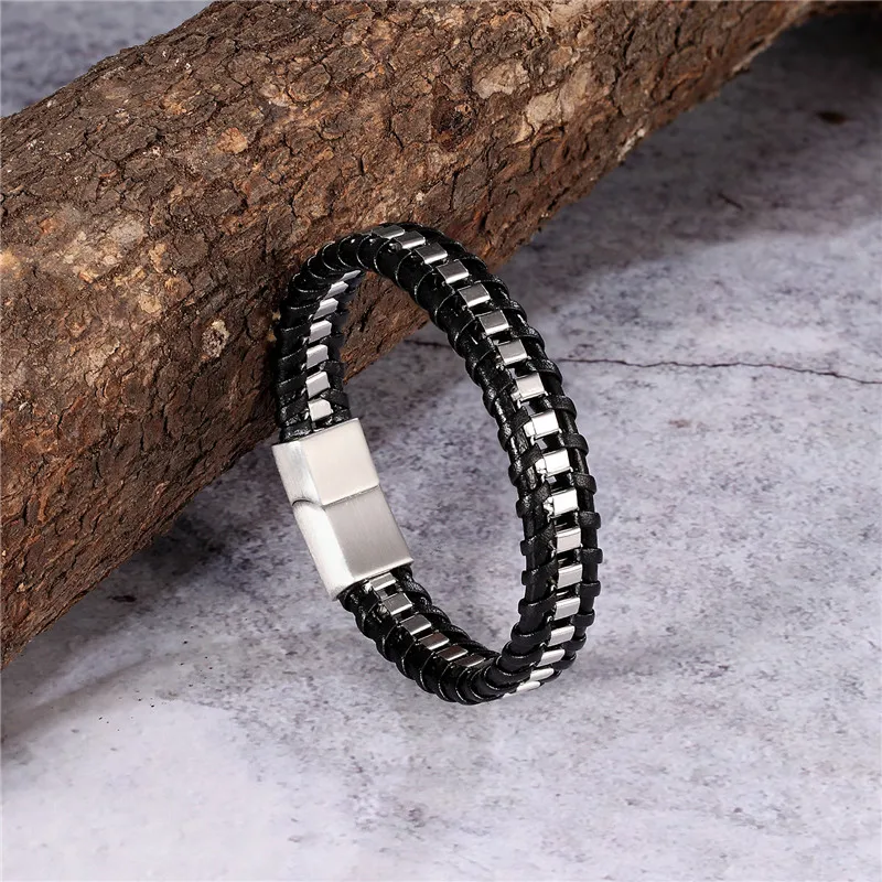 MKENDN Punk Bicycle Chain Titanium Stainless Steel Magnetic Buck Bracelet Men Multilayer Braid Genuine Leather Bracelet Pulseras